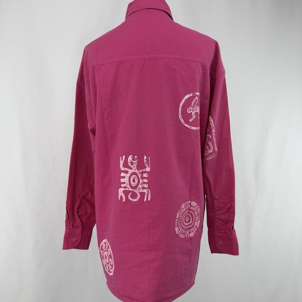 Vintage Worlds Apart Shirt Womens L Pink Tribal Print Button Up Boho Art - Picture 4 of 6